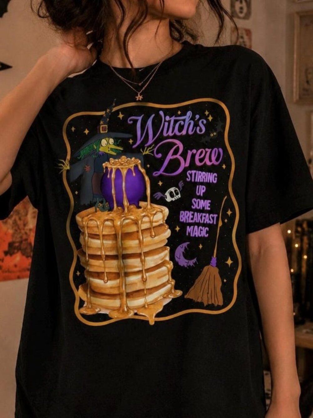 Funny Witch Pancake Halloween Graphic Tee, Spooky Fall Shirt